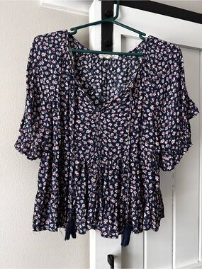 Rewind | Navy Floral Blouse with Pink Blossoms